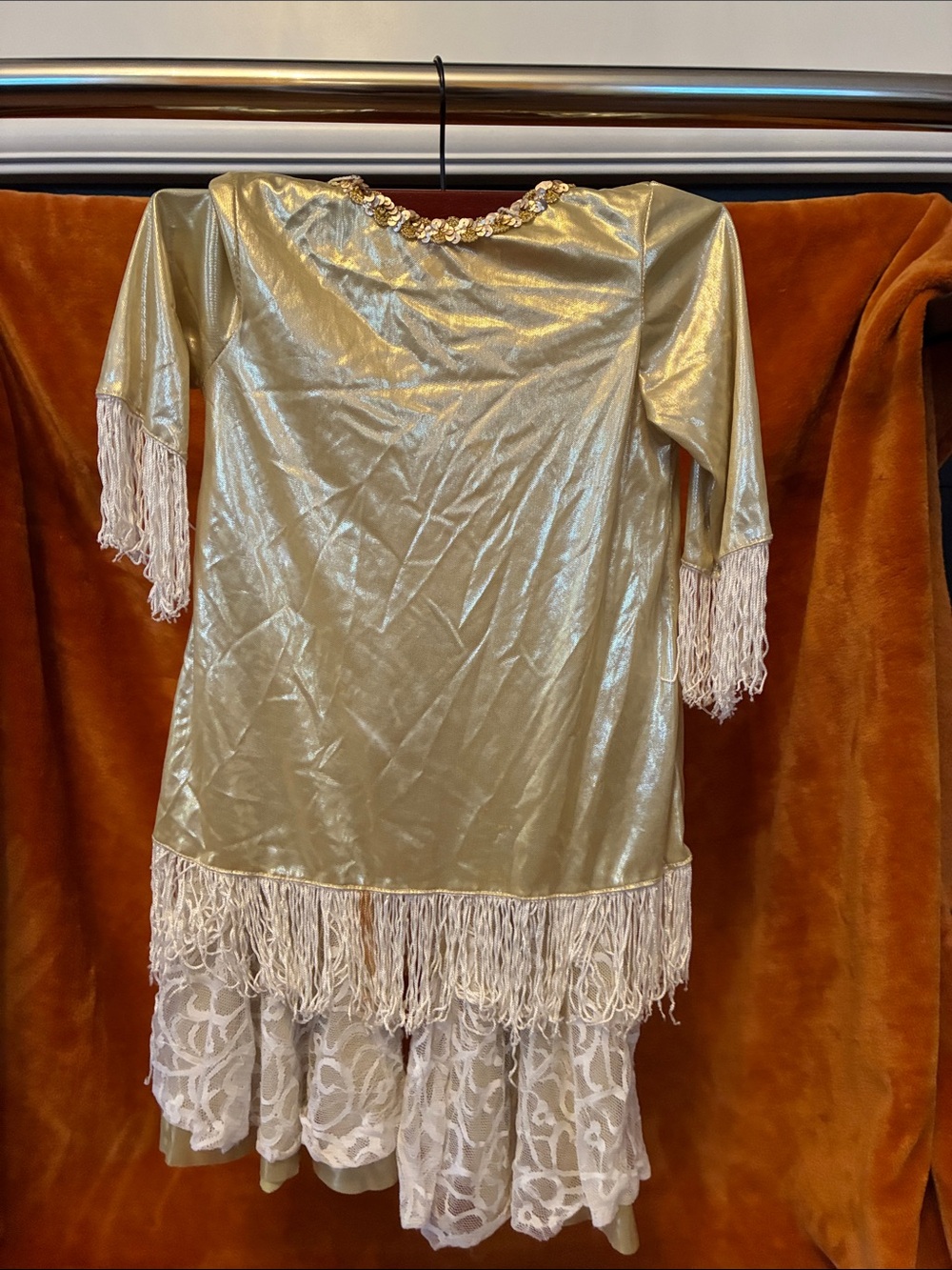 XS size 4T Gold Fringe Lace Hem Girls' two piece costume